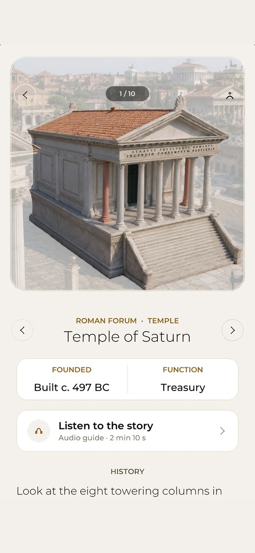 The Temple of Saturn's history page inside the app